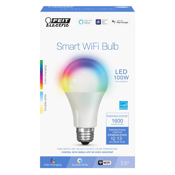Feit Electric Feit Smart Home A21 E26 (Medium) Smart-Enabled LED Bulb Color Changing 100 Watt Equivalence 1 pk OM100/RGBWCA/AG - main